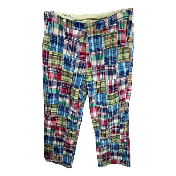 Orvis Patchwork Madras Pants Size 32x28 Cropped Plaid Lightweight Preppy Summer - Picture 1 of 8